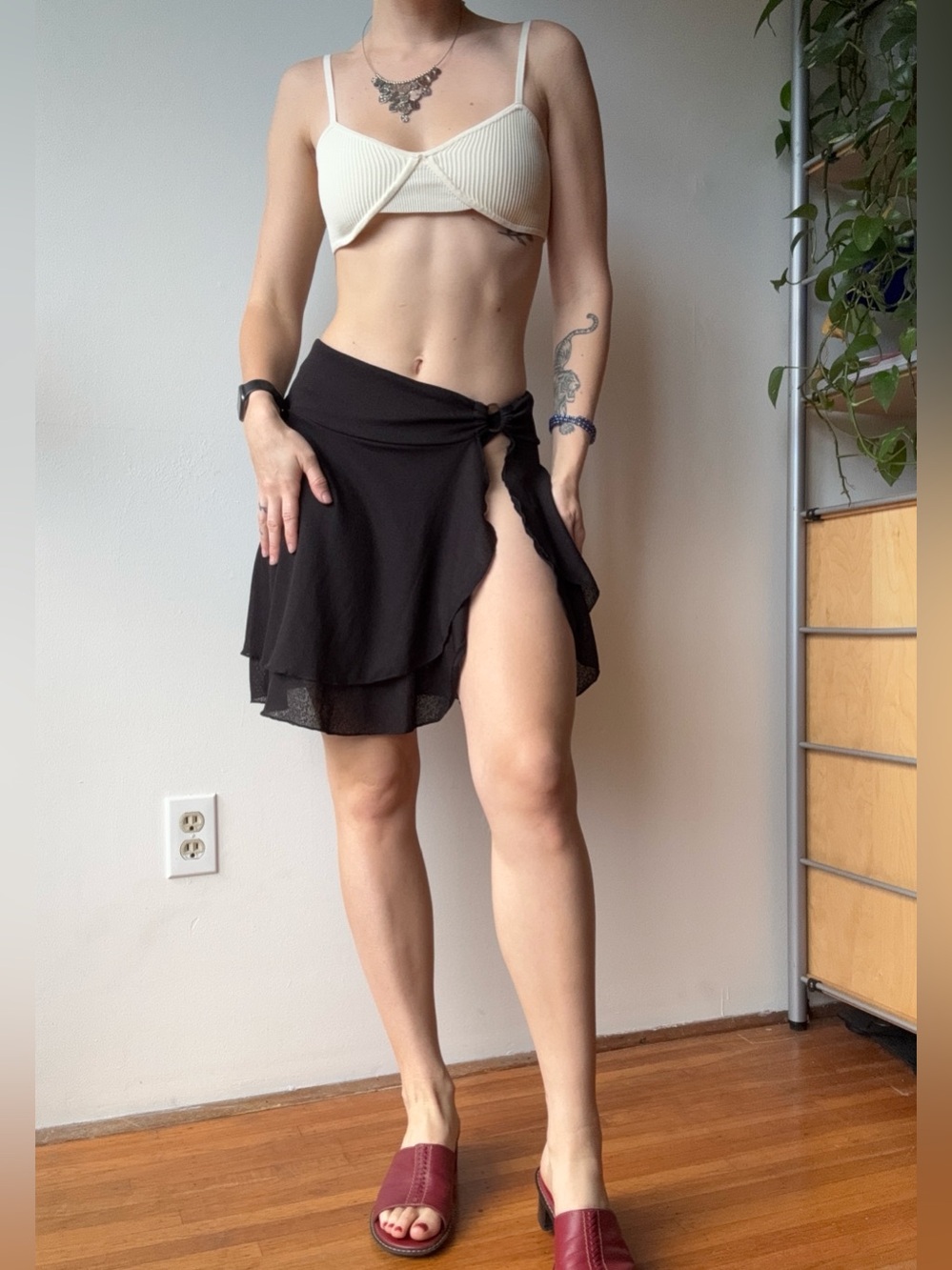 Y2K Black Wrap Mini Skirt with High Slit